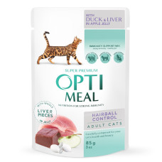 Вологий корм для котів OptiMeal Adult Hairball Control з качкою та шматочками печінки у яблучному желе 85 г B2711502