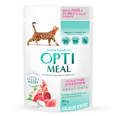 Вологий корм для котів OptiMeal Adult Sensetive Digestion з ягням та індичим філе в соусі 85 г B2711602