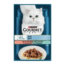 Влажный корм для котов Gourmet Perle Duo с лососем и сайдой в соусе 85 г 12581726