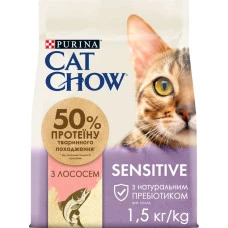 Сухой корм для котов с чувствительной кожей и пищеварением Cat Chow Sensitive с лососем 1,5 кг 12292819