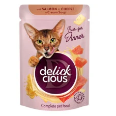 Влажный корм для котов Delickcious полоски с лососем и сыром в крем-супе 85 г D6251402