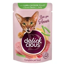 Влажный корм для котов Delickcious кусочки с ягненком, куриным филе и фасолью в желе 85 г B5410301