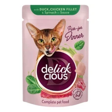 Влажный корм для котов Delickcious кусочки с уткой, курицей и шпинатом соусе 85 г B5410101