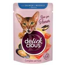 Влажный корм для котов Delickcious Кусочки с лососем и мидиями в соусе 85 г B5410201