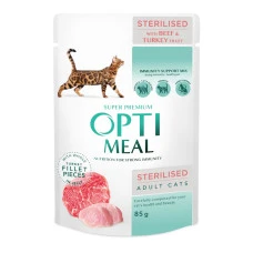 Влажный корм для стерилизованных котов OptiMeal Sterilised Adult с говядиной и индюшиным филе в желе 85 г B2712002